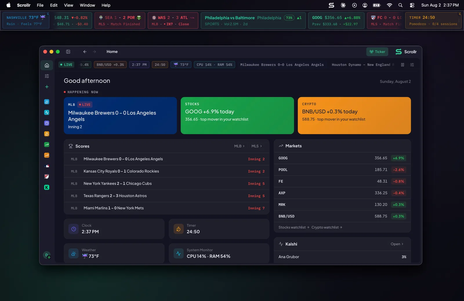 Scrollr on a real macOS desktop: the live ticker pinned along the top of the screen showing weather, MLB and MLS games, markets, and a timer, with the Home window open showing scores, markets, and Kalshi