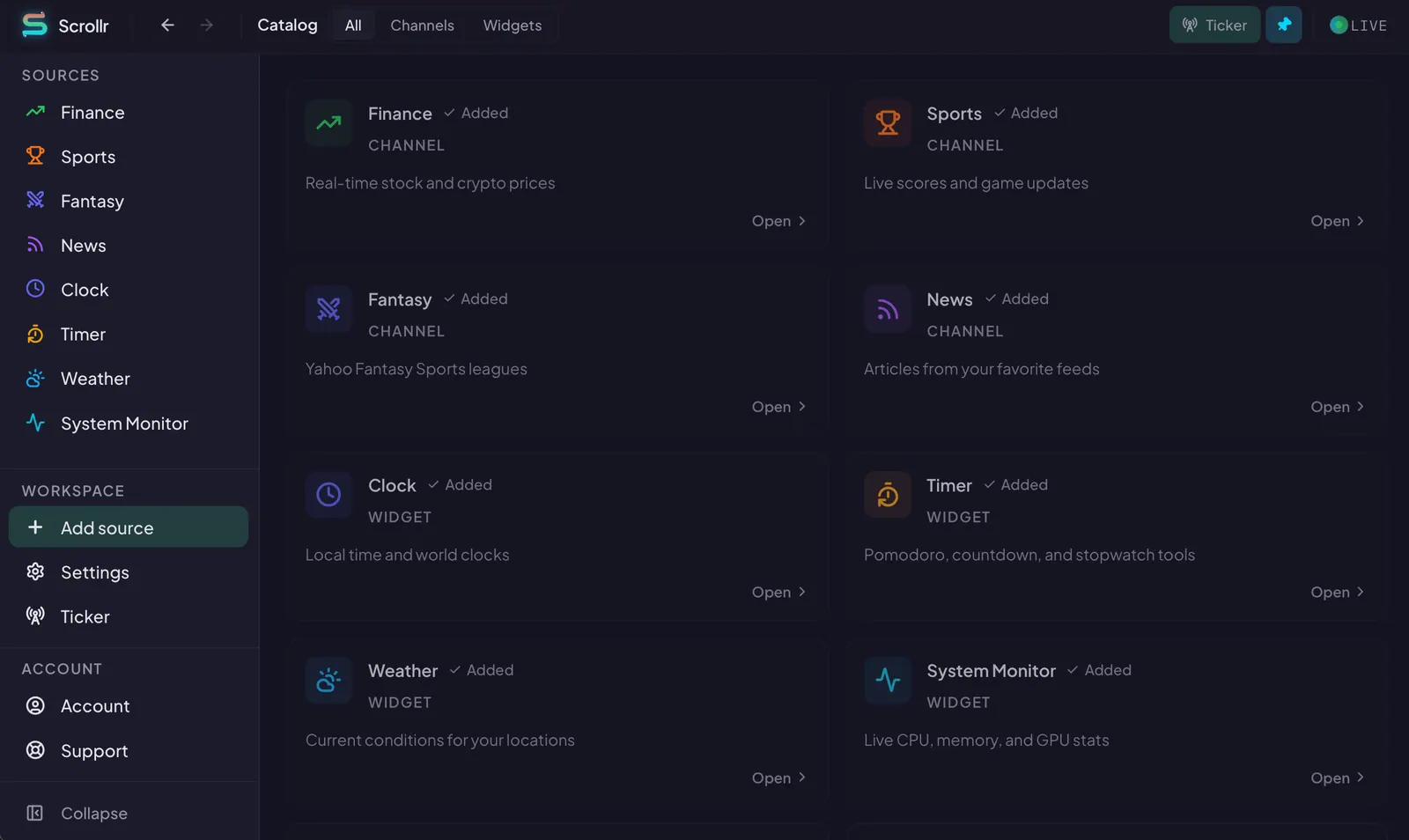 Scrollr source catalog showing Finance, Sports, Fantasy, News, Clock, and Weather as added, alongside available widgets for System Monitor, Uptime, and GitHub.